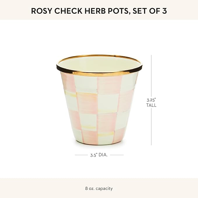 MACKENZIE-CHILDS Enamel Herb Pots, Small Plant Pots for Herbs or Flowers, Set of 3, Pink-and-White Rosy Check