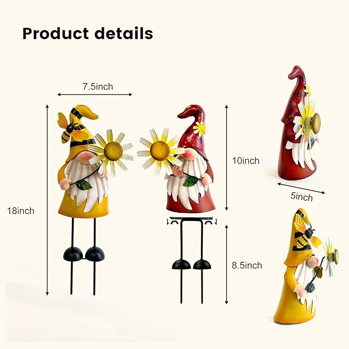 HONGLAND Gnome Metal Yard Art - Metal Gnome Statue -Gnome Outdoor Decorations - Bee and Ladybug Garden Statue- Christmas Holiday Lawn Patio Yard Garden Decor (Set of 2)