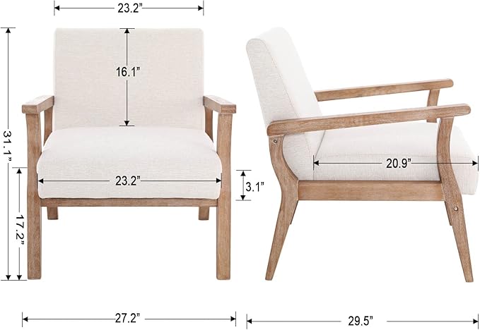 Mid Century Modern Accent Chair Set of 2, Linen Upholstered Living Room Accent Armchair with Wood Frame, Farmhouse Chair for Living Room Bedroom, Ivory