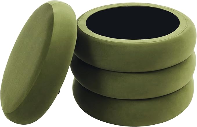 ONEVOG Round Storage Ottoman, 20" Small Ottomans Table with Removable Lid, Velvet Fabric Soft Footrest Stool for Couch, Upholstered Stuffed Circle Seat for Livingroom/Bedroom/Dorm/Vanity, Olive Green