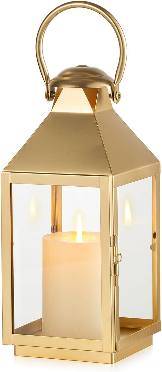 NUPTIO Gold Lanterns Decorative for Wedding: 11.3 Inch Tall Metal Lantern Decor with Glass - Outdoor Candle Holder for Table Centerpiece Dining Room Mantel Patio