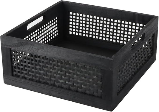 YRMT Wood Storage Crate Basket Rustic Wooden Storage Container for Organizing Decorative Bamboo Box with Handles for Pantry, Shelves Organizer 11.4" x 11.4" x 5" (Black)