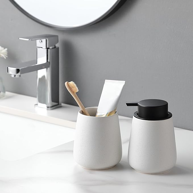 Speckled White Ceramic Toothbrush Holder - Bathroom Tooth Brushing Holders, Toothbrush Cup, Toothpaste Organizer for Bathroom Countertop, Makeup Brush Holder, Pen Holder for Home Desktop Storage