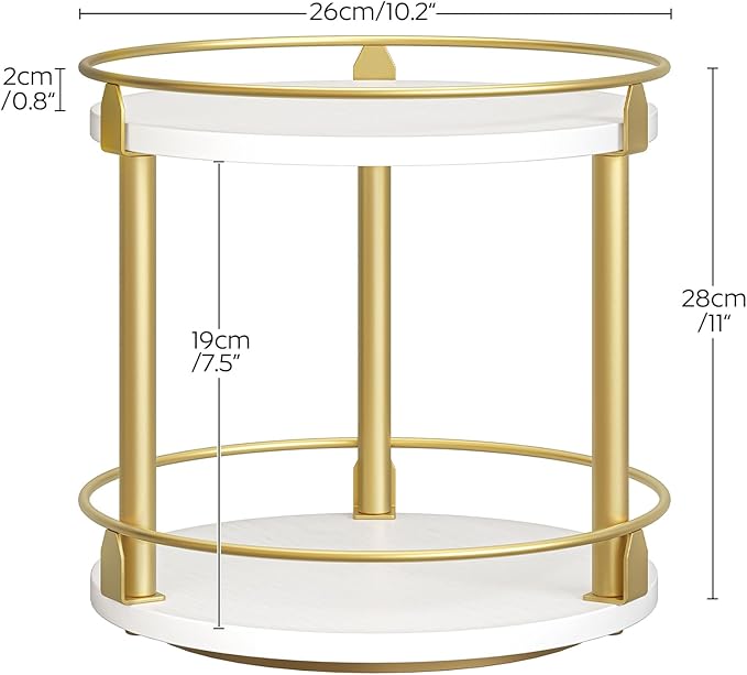 Lazy Susan Organizer, Rotating Spice Rack, 2 Tier Spice Turntable Organizer, Industrial Turntable Spice Holder, for Kitchen Countertop and Cabinet, Compact and Versatile, White and Gold SR22DW