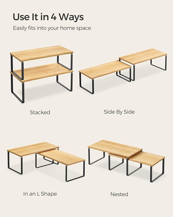 SONGMICS Cabinet Organizer Shelf, Set of 2 Kitchen Counter Shelves, Kitchen Storage, Spice Rack, Stackable, Expandable, Metal and Engineered Wood, Ink Black and Natural Beige UKCS200B01