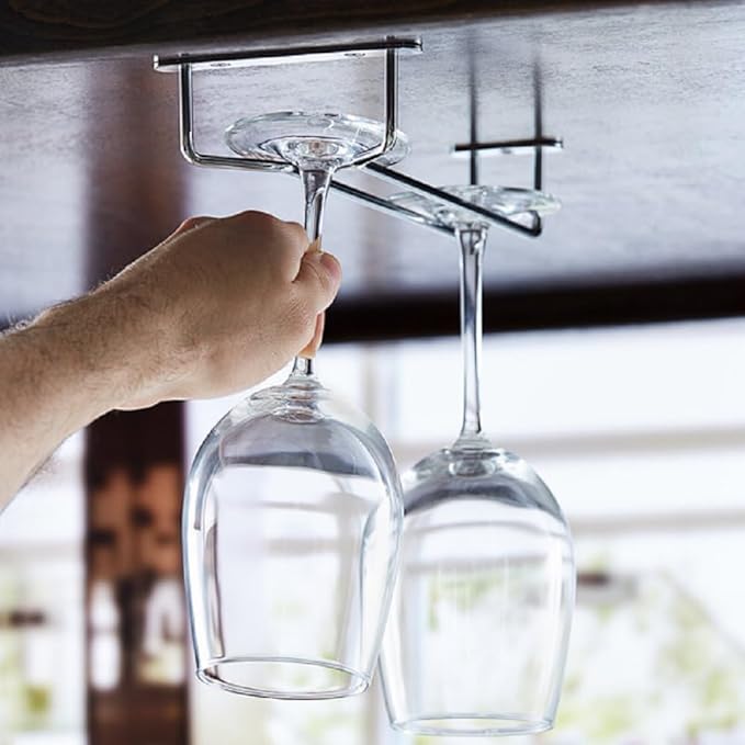 TrueCraftware- 10-Inch Wine Glass Rack Chrome Finish Set of 2- Stemware Rack Wire Hanging Rack Under Cabinet Wine Glass Rack Stemware Holder Glass Storage Hanger Organizer for Kitchen and Bar