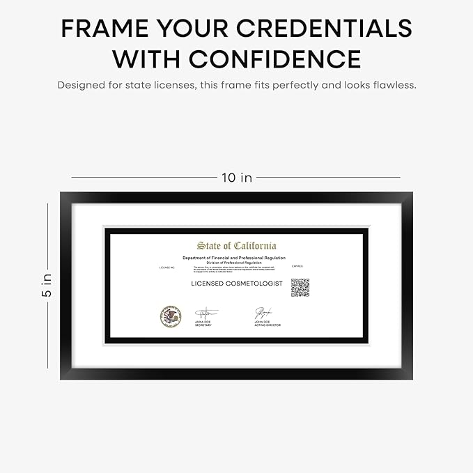 Homeforia 5x10 Business License Frame Black, High End Metal 5 x 10 Document Certificate Frame with Mat 4x9, 5 by 10 Professional License Frames for Wall or Tabletop, Tempered Glass, Wall Kit, Set of 1