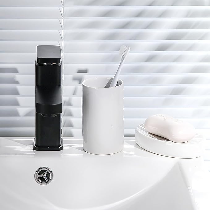 White Ceramic Toothbrush Holder, Tumbler Cups Reusable Toothbrush Mouthwash Cup,Makeup Brush Holder, Bathroom Counter Organizer(300ml)