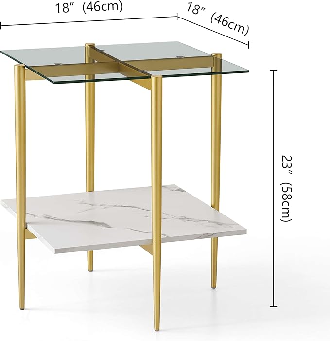 Square Glass End Table, Mid-Century Modern Design Sofa Table, for Living Room, L18 x W18 x H23, Clear Glass Top and White Marble MDF Shelf, Sleek Conical Metal Legs with Gold Finish