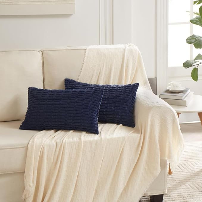 Fancy Homi 4 Packs Navy Blue Decorative Throw Pillow Covers 14x24 Inch for Living Room Couch Bed Sofa, Rustic Modern Farmhouse Boho Home Decor, Soft Plush Corduroy Cute Square Cushion Case 35x60 cm