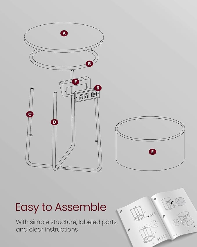 VASAGLE Side Table with Charging Station, Round End Table with Fabric Basket, Nightstand with Power Outlets, USB Ports, for Living Room, Bedroom, Modern, Ebony Black and Slate Gray ULET228B01