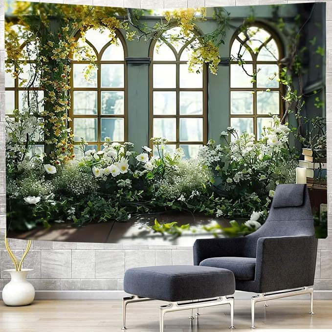 FENDROM Window View White Flower Tapestry Nature Landscape Classic Flower Vine Wall Hanging Party Decorations For Bedroom Living Room Dorm