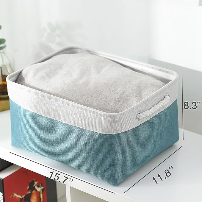 TheWarmHome Fabric Storage Bin with Handles,Storage Basket for Home Storage and Organization, Shelf Basket with Cover for Living Room Bedroom Closet(White & Green Large,15.7L*11.8W*8.3H