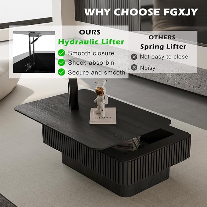 Lift Top Coffee Table with Storage, Solid Wood Coffee Table with Adjustable Height, Fluted Center Table Accent Tea Table for Living Room, Apartment, Office (38.6" Black)