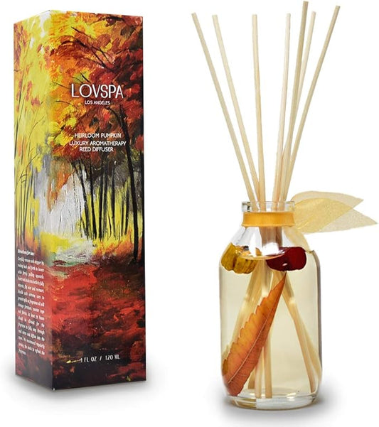 LOVSPA Reed Diffuser Set, Heirloom Pumpkim Scented Oil Diffuser with Sticks, Home Fragrance Accessories for Bathroom Shelf Decor, Aroma Diffusers for Home or Office Fall Decor, USA Made