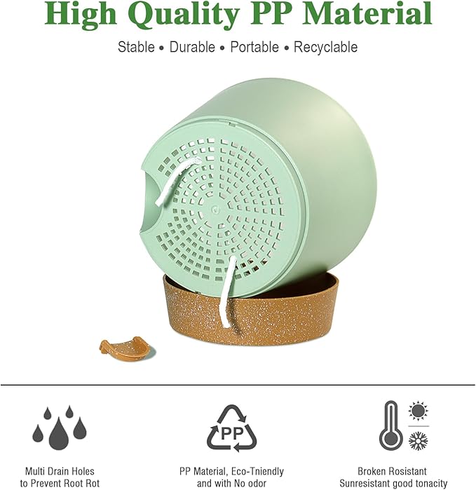 Self Watering Pots for Indoor Plants,12 inch Planters with Drainage Holes Plastic Flower Pots with Deep Reservoir, Green with Brown