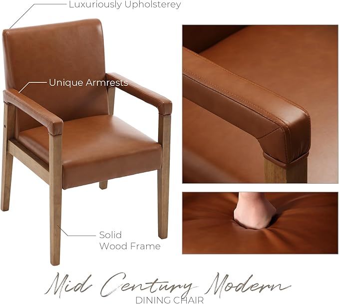 Mid Century Modern Dining Chairs Set of 4 Faux Leather Upholstered Living Room Side Chair, Kitchen Arm Chair with Solid Wood Legs for Home Kitchen & Restaurant, PU Brown