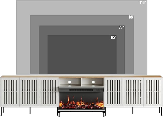 3-Sided Glass Farmhouse Fireplace TV Stand for TVs Up to 110 Inch, Entertainment Center with 36" Electric Fireplace, Antique White TV Console with Storage Cabinets for Living Room