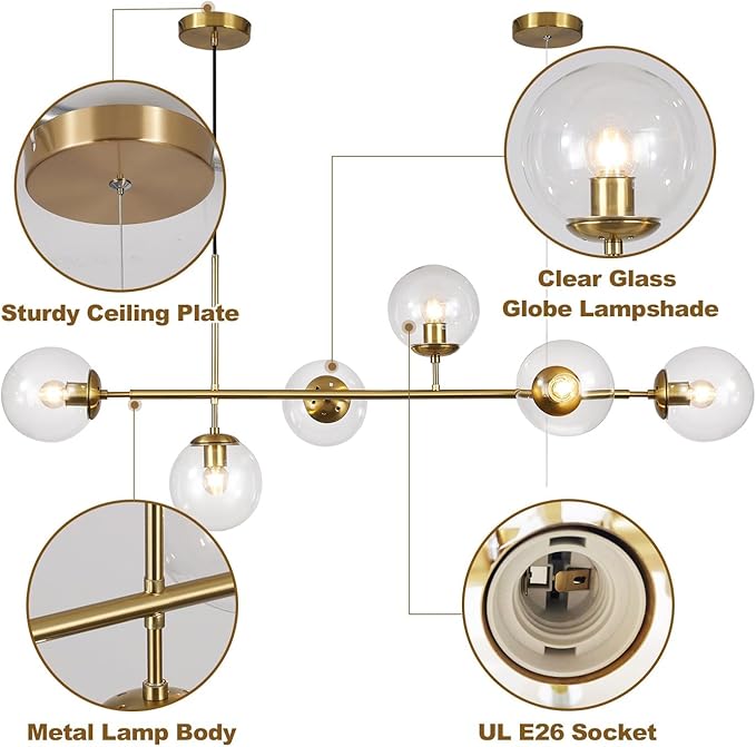 KCO Lighting 6 Light Bubble Chandelier Lighting Clear Glass Globe Chandelier Brass Gold Linear Pendant Light Mid Century Modern Pendant Light for Living Room Kitchen Island Dining Room