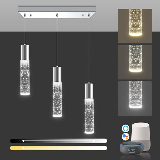 OKELI Smart 3-Light LED Pendant Lighting for Kitchen Island, 18W 1350LM Adjustable 3000K-6000K, Dimmable via TUYA App & Voice Control (Alexa/Google Home), Modern Crystal Bubble Pendant,Chrome Square