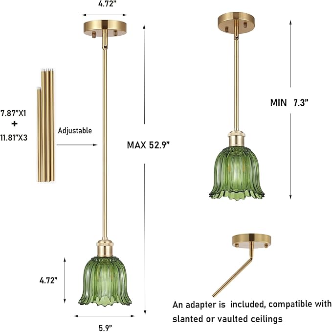 Modern Gold Pendant Light Brushed Brass Mid Century Chandelier Green Glass Shades Adjustable Rods Farmhouse Ceiling Hanging Lighting Fixture Kitchen Island Dining Room Bedroom