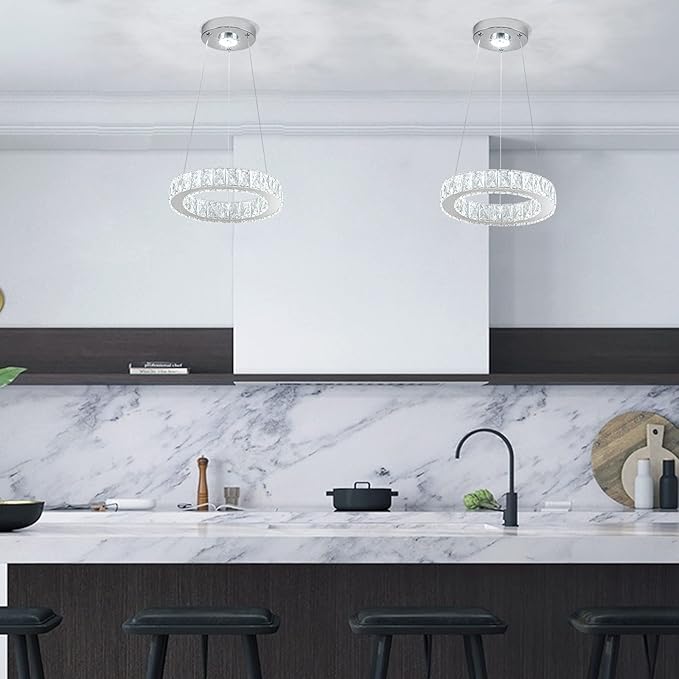 11.8" Crystal Chandelier LED Round Flush Mount Ceiling Light Fixture Modern Hanging Pendant Lighting Mini Ring Chandeliers for Dining Room Kitchen Island Hallway Bathroom (Cool White)