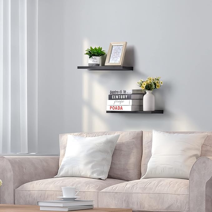 Meangood Floating Shelves Black 17 inch Wall Mounted Natural Bamboo Wood Wall Storage Shelves for Bedroom,Living Room,Bathroom, Kitchen(Set of 2)