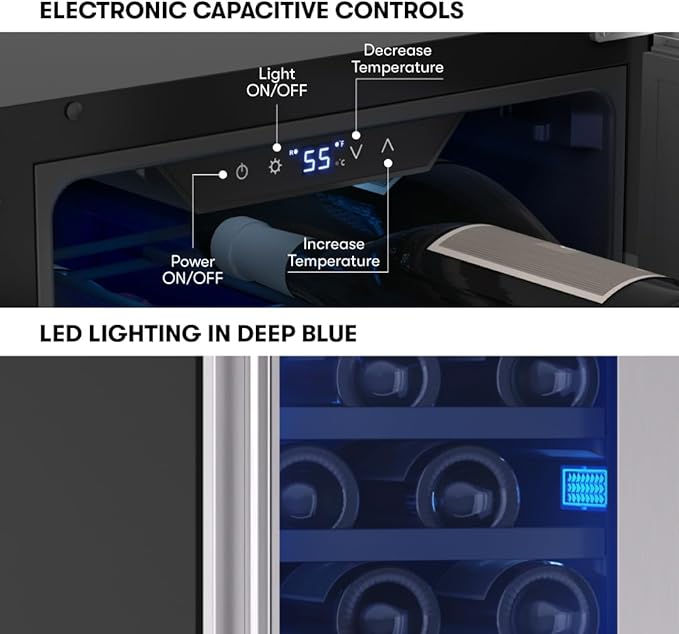 Zephyr Brisas 15 Inch Slim Wine Fridge Single Zone Under Counter - Narrow Mini Wine Cooler Small Cabinet Wine Refrigerator Home Bar Freestanding with Glass Door - 28 x 750ml Bottles