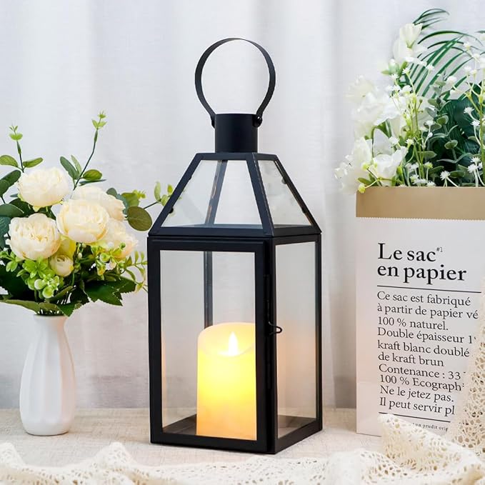 JHY DESIGN Black Decorative Lanterns 16“H Decorative Candle Lantern with Tempered Glass for Indoor Outdoor Events Parities and Weddings