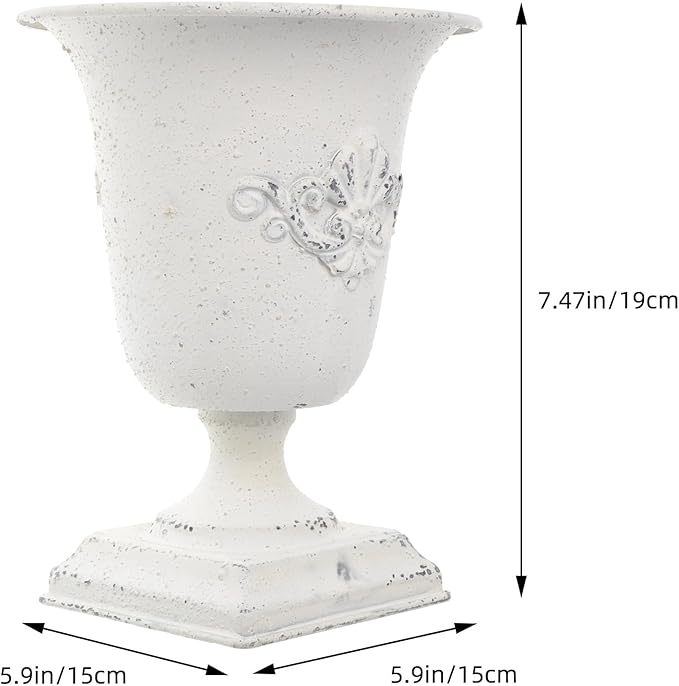 POPETPOP Tall Urn Vase Retro White Metal Urn Planter Pedestal Flower Pot Rustic Farmhouse Flower Holder for French Country Style Home Table Centerpiece Decor,5.9x5.9x7.47 inches