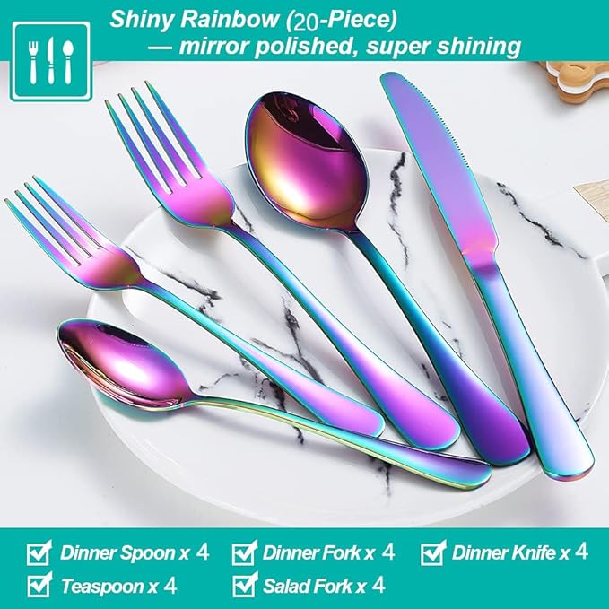 20 Pcs Rainbow Silverware Set for 4, Food Grade Stainless Steel Flatware Set, Eating Utensils Sets Include Fork/Knife/Spoon,Home Kitchen Tableware Set, Reusable Cutlery Set, Dishwasher Safe
