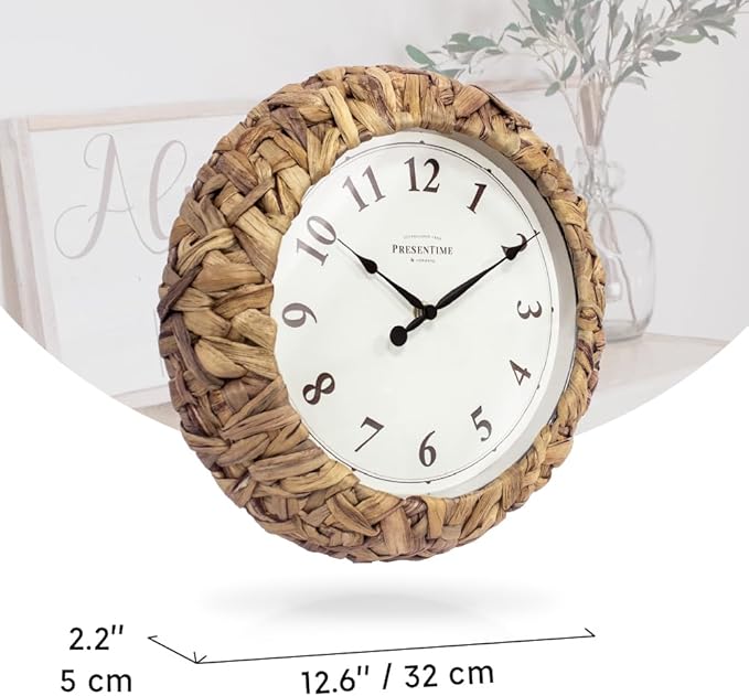 Presentime & Co. Farmhouse Series, Rustic Woven Clock, 12.6 inch, Natural Woven Water Hyacinth/Sea Grass. Wall Sculpture, Wall Art and Timepiece for Home Decoration/Decoration/Farmhouse Décor