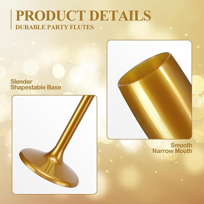 XUWAIDSGN Acrylic Champagne Flutes Toasting Glasses Unbreakable Mimosa Bar Reusable Wine Glasses Vintage Champagne Flutes Stemmed Drinking Cups 5.4 OZ for Christmas Birthday (10, Gold)