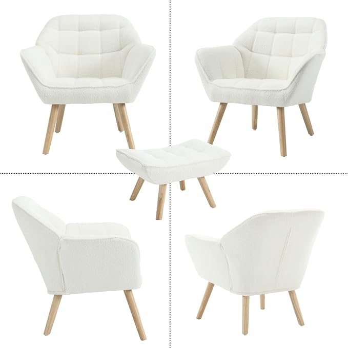 Modern Sherpa Accent Chair with Ottoman, Fluffy Upholstered Lounge Chair with Footrest, Comfy Living Room Side Boucle Armchair for Small Space Bedroom Apartment, White