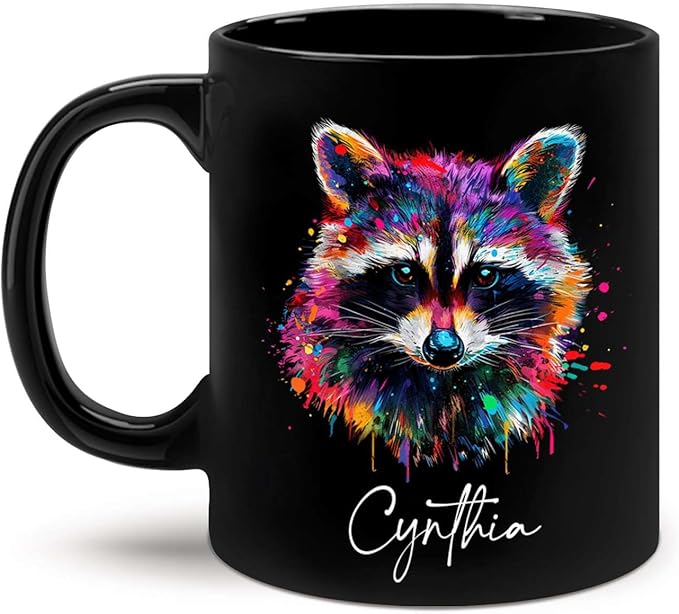 Colorful Raccoon Black Mug, Custom Choose Name Raccoon Coffee Cup, Gift For Men Women, Personalized Animal Lover Ceramic Mug, Customized Animal Design Cup 11oz 15oz