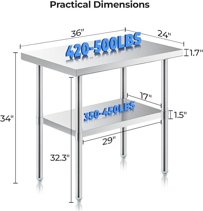 NUUK Stainless Steel Work Table 24 x 36 Inches Heavy Duty Commercial Workstation Adjustable Height Kitchen Food Prep Worktable for Restaurant, Home and Hotel