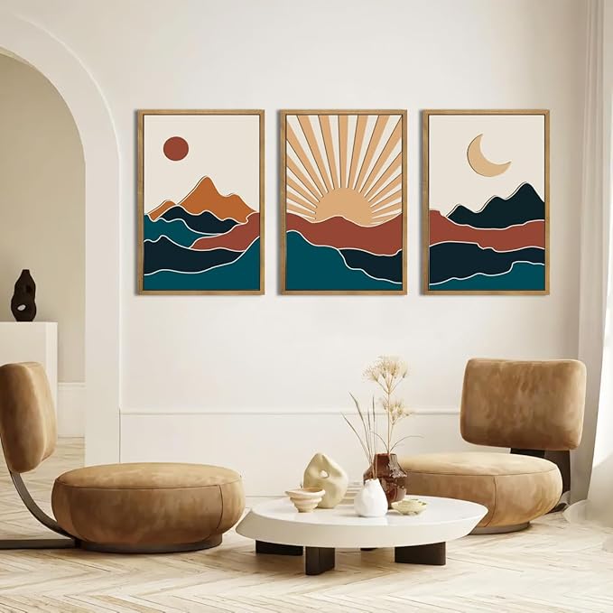 Large Boho Mountain Wall Art Set Modern Abstract Bohemian Wood Wall Decor Colorful Mid Century Neutral Artwork Sun and Moon Art Decor for Living Room Bedroom Office-16x24Inch x3
