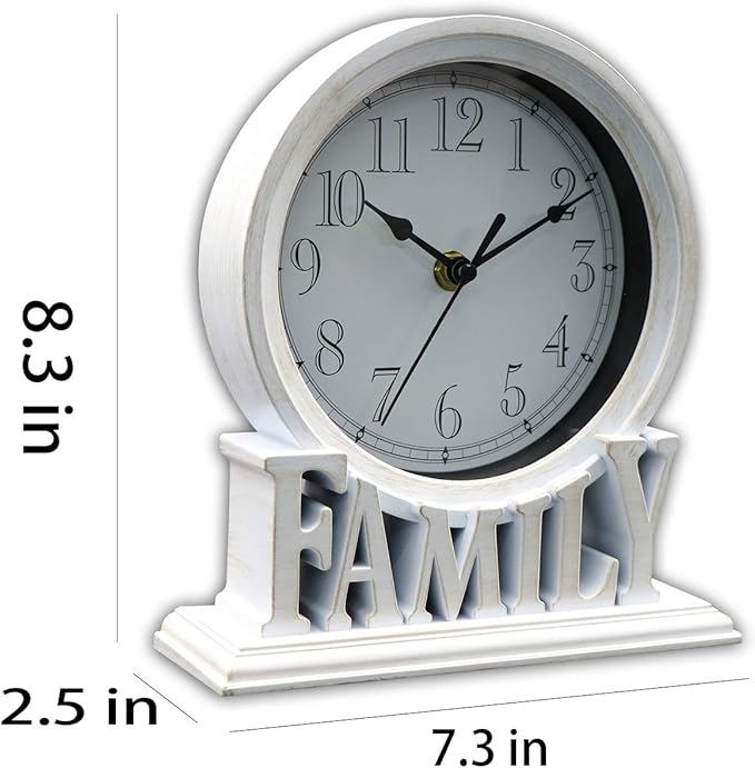 6.5 Inches Mantel Clock, Vintage Non-Ticking Family Desk Table Clock Battery Operated with Quartz Movement HD Glass for Kids Bedroom Living Room Office (Distressed White)