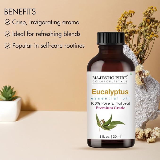 Majestic Pure Eucalyptus Essential Oil with Glass Dropper - 1 Fl Oz - 100% Pure and Natural Eucalyptus Oil - Premium Grade Essential Oils for Diffuser, Aromatherapy, Soap and Candle Making