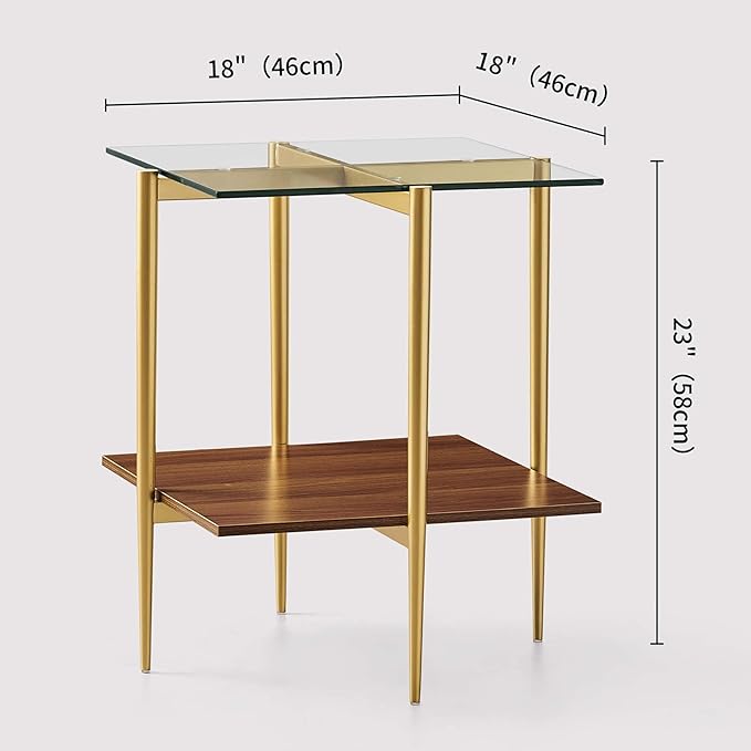 Glass End Table, Mid-Century Modern Design Sofa Table, for Living Room, 2-Tier Structure, Clear Glass Top and Walnut MDF Shelf, Sleek Conical Metal Legs with Gold Finish Frame