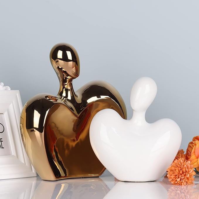 XMGZQ White and Gold Ceramic Couple Figurines Home Decor,Wedding Engagement Romantic Gift for Husband Wife,Large Male and Female Love Statue Valentine's Day Birthday,Abstract Hugging Couple