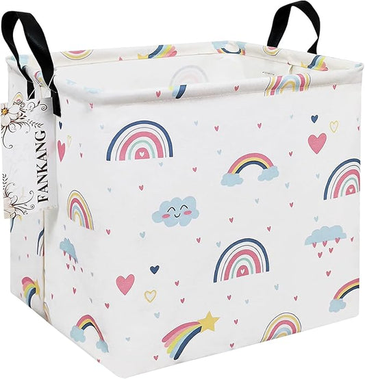 FANKANG Square Nursery Hamper Storage Bins Canvas Laundry Basket Foldable with Waterproof PE Coating Storage Baskets Gift Baskets for Children, Office, Bedroom, Clothes(Square-Love Rainbow )