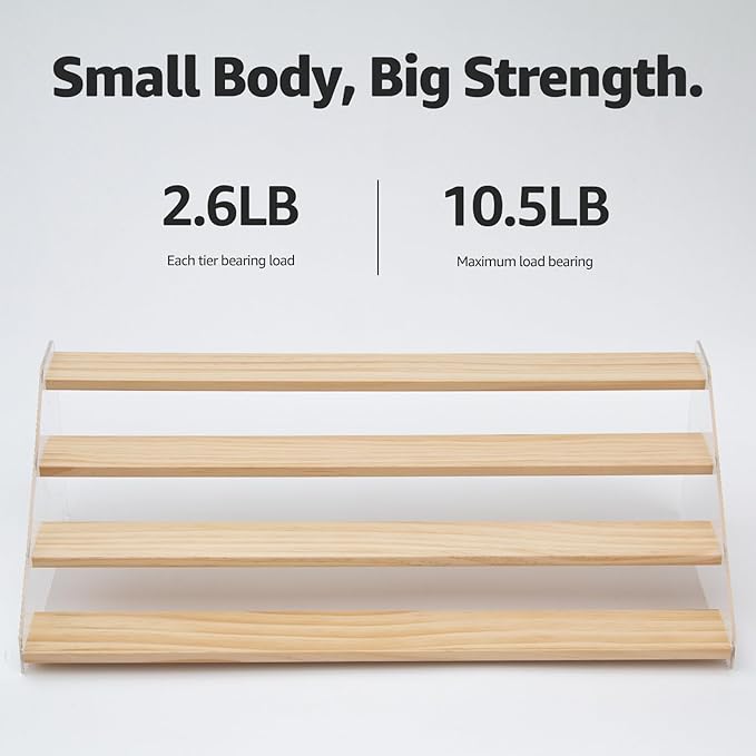 nianfeng Tiered Spice Rack, 4-Tier Spice Pantry Kitchen Cabinet Organizer, 19.9-Inch, Natural Wood Acrylic Stair Riser Stand, Countertop Seasoning Shelf