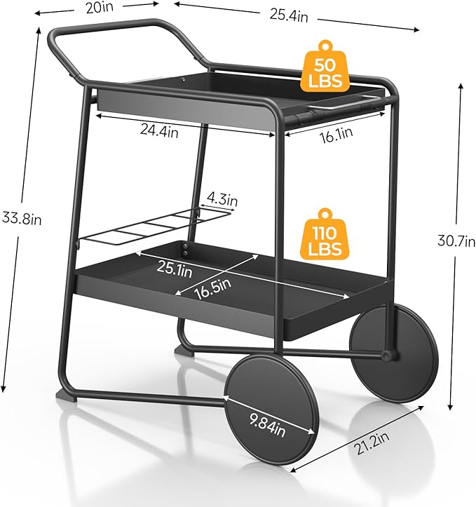 Outdoor Grill Cart Table with Extra-Large Wheel, 24" x 16" Removable Tray & Ergonomic Handle, Indoor and Outdoor Pizza Oven Table for Garden Patio BBQ Kitchen Food Prep Cart for Party