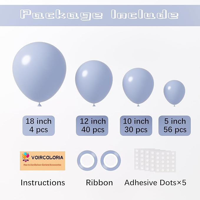 130pcs Dusty Blue Balloons Different Sizes 18" 12" 10" 5" Slate Blue Balloons for Boys Girls Baby Shower Wedding Anniversary Graduation Engagements Birthday Party Decorations