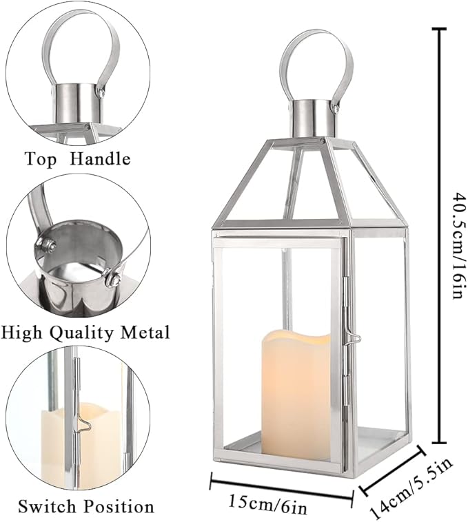 JHY Design Silver Decorative Lanterns 16inch High Stainless Steel Candle Lanterns with Tempered Glass for Indoor Outdoor Events Parities and Weddings