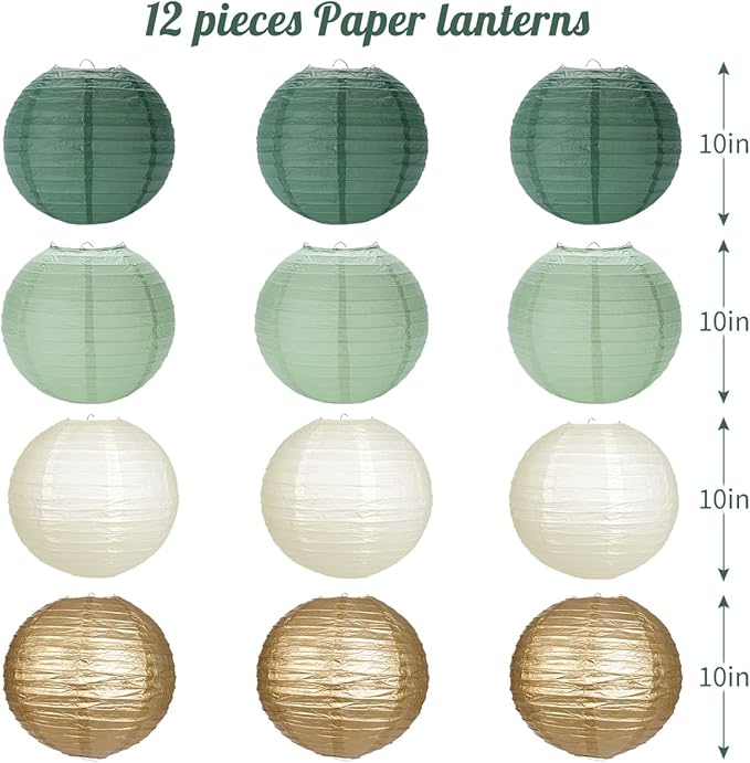 Paper Lanterns Sage Green Gold Round Hanging Chinese Lanterns for Birthday Party Baby Shower Bridal Shower Decorations Pack of 12
