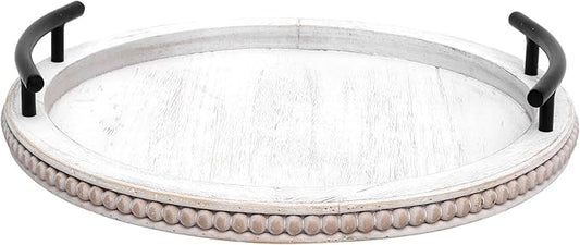 SwallowLiving White Wooden Beaded Serving Tray with Handle Decorative Rustic Whitewashed Tray for Coffee Table Farmhouse Round Tray for Kitchen, Living Room and Bedroom