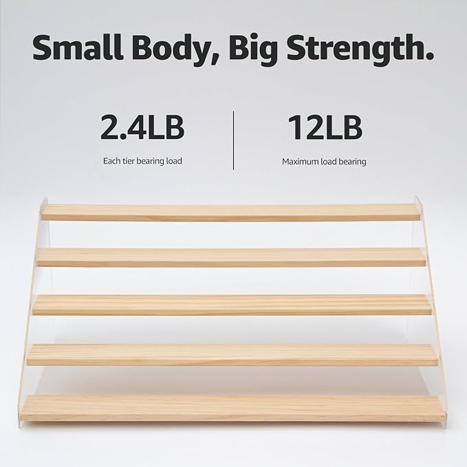 nianfeng Tiered Spice Rack, 5-Tier Spice Pantry Kitchen Cabinet Organizer, 19.9-Inch, Natural Wood Acrylic Stair Riser Stand, Countertop Seasoning Shelf