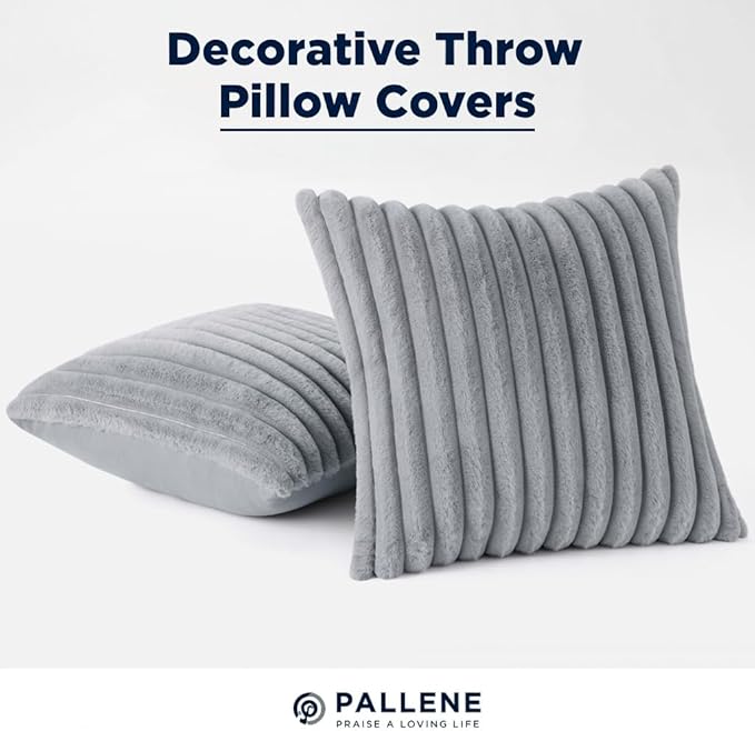 Pallene Faux Fur Plush Throw Pillow Covers 24x24 Set of 2, Luxury Soft Fluffy Striped Decorative Pillow Covers for Sofa, Couch, Living Room, Grey